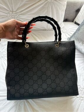 Gucci Black GG Jacquard Bamboo-Handle Tote